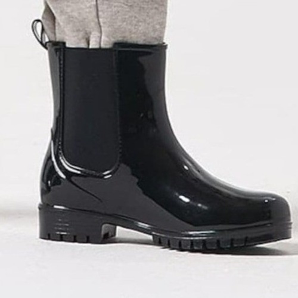 Planone Womens Black Glossy‎ Chelsea Rain Boots Ankle Waterproof Rubber Shoes 8